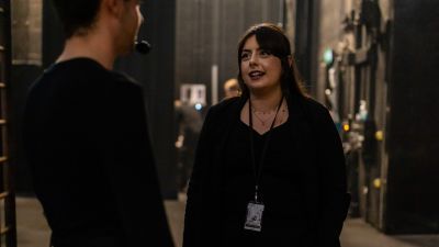 students talking backstage